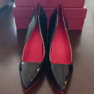 Black Patent Pointed-Toe Women's Flats with Red Insole